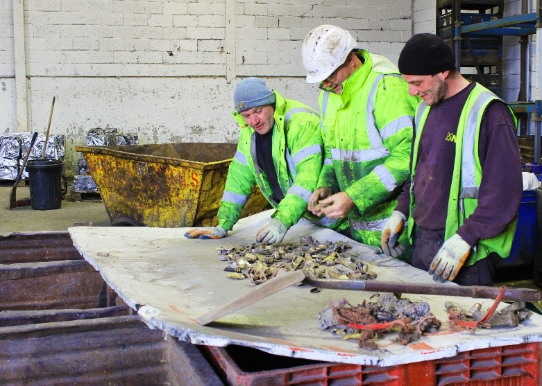 workers going through scrap metal pile