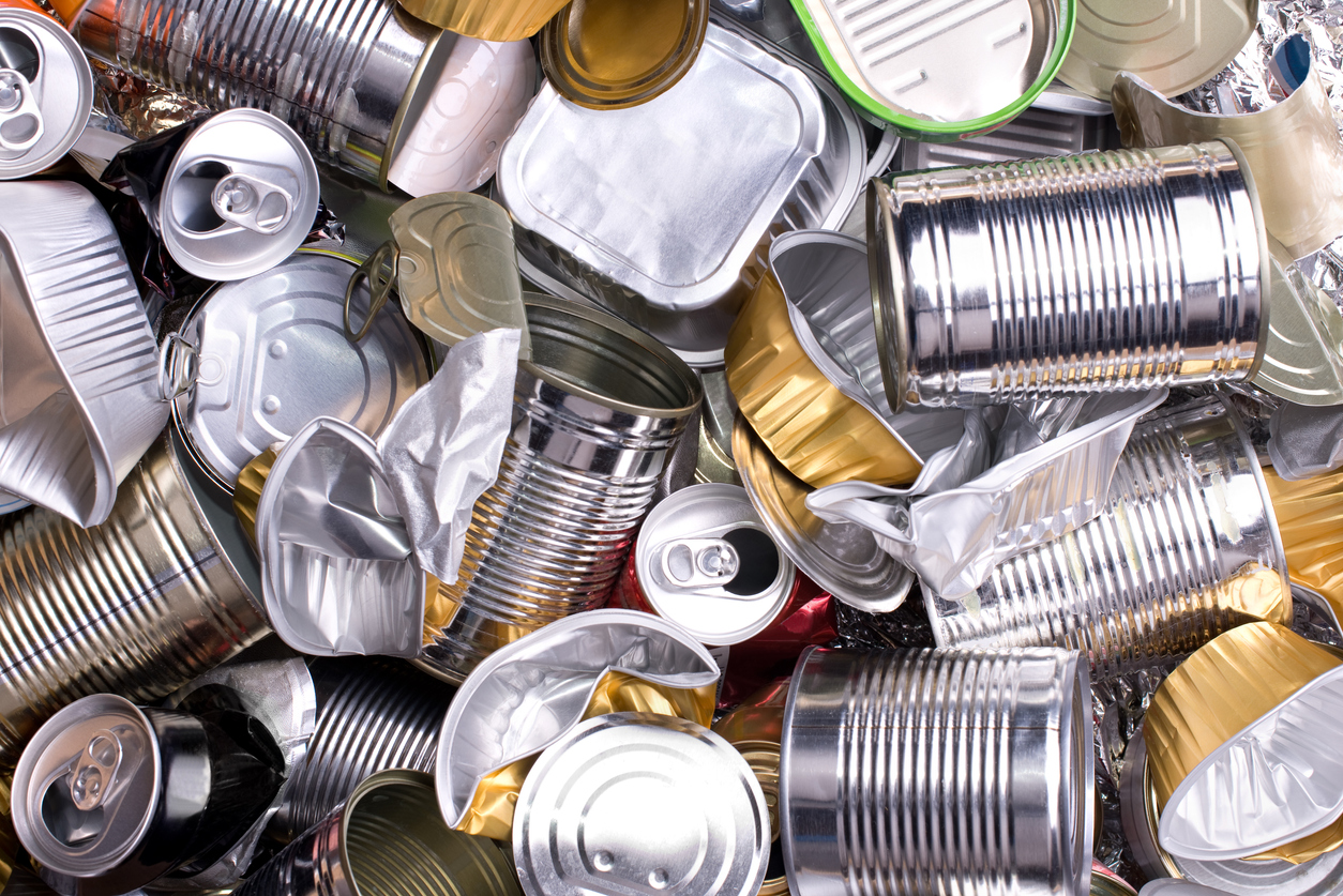 Aluminium cans and tins used in scrap metal recycling