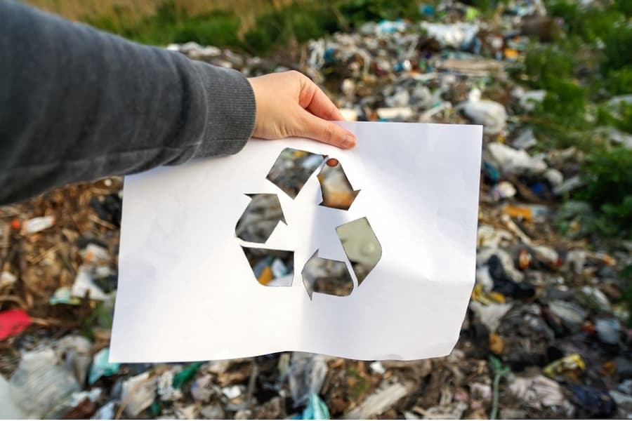 A hand holding a paper with a recycle symbol cut out